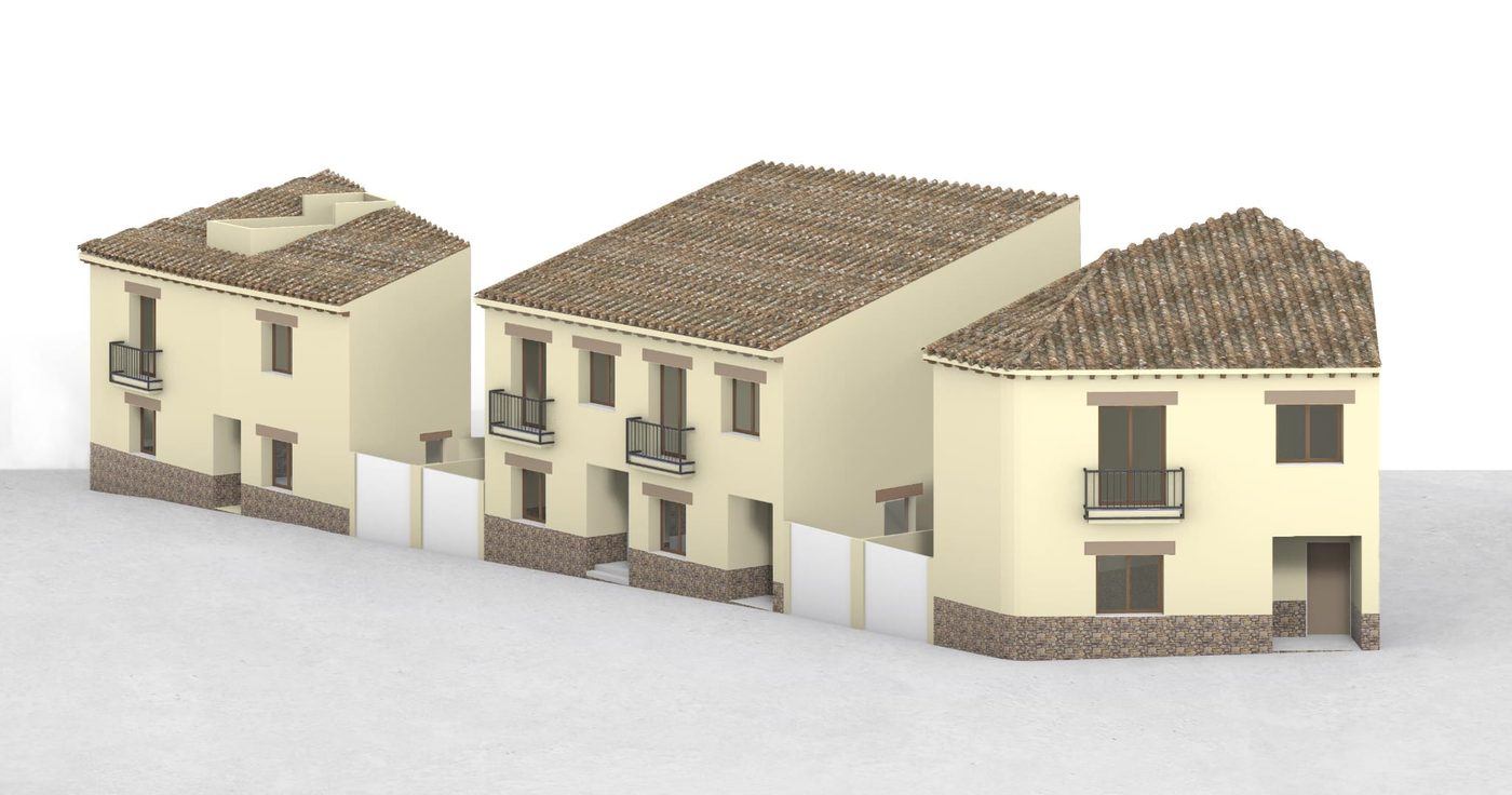 Render del alzado del conjunto de las cuatro viviendas