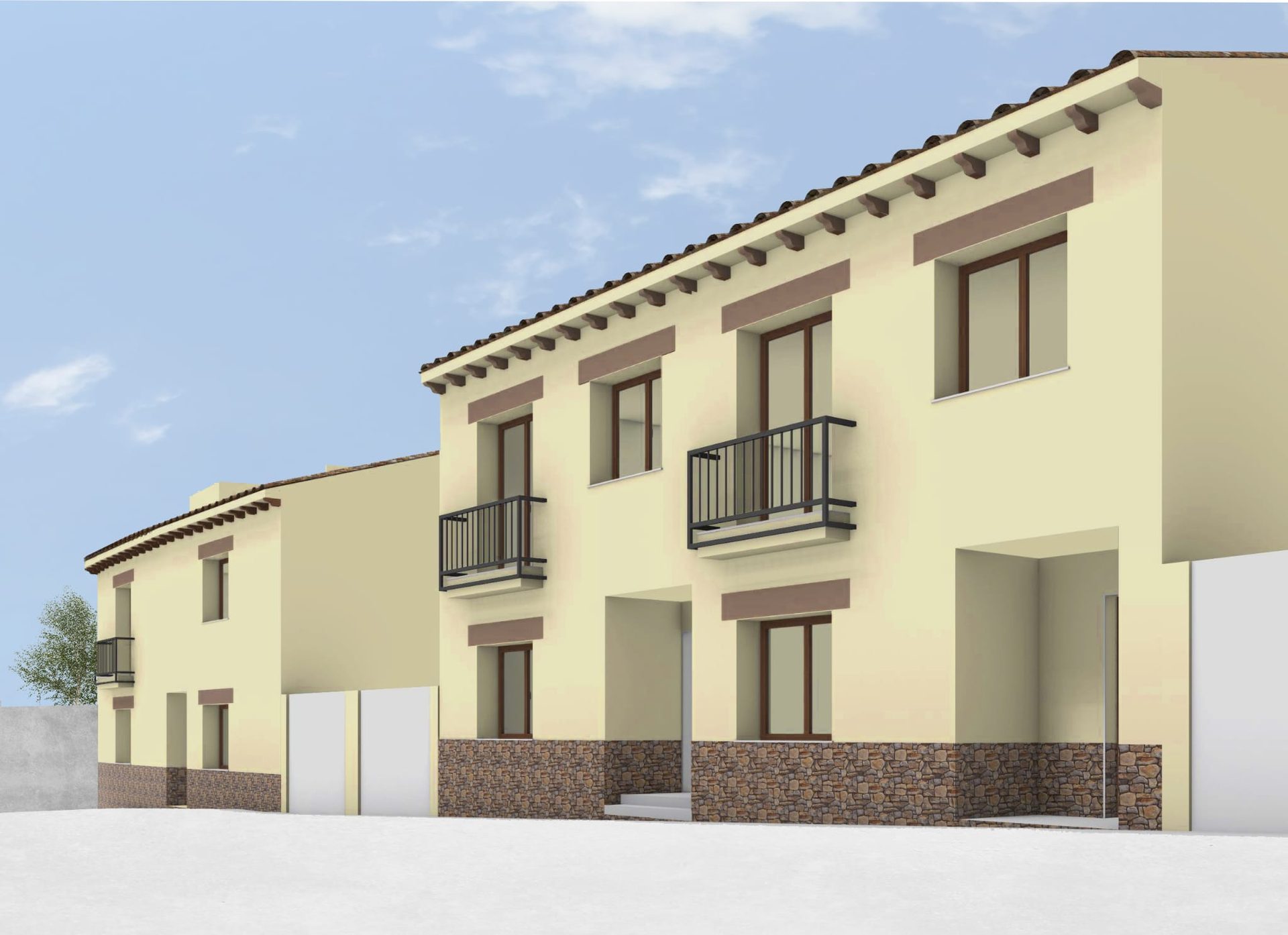 Render del conjunto de viviendas de El Rincón del Puente desde la Calle Puente
