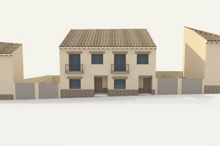 Maqueta de las cuatro viviendas vista de frente. Imagen virtual generada a partir del modelo del proyecto. No contractual.