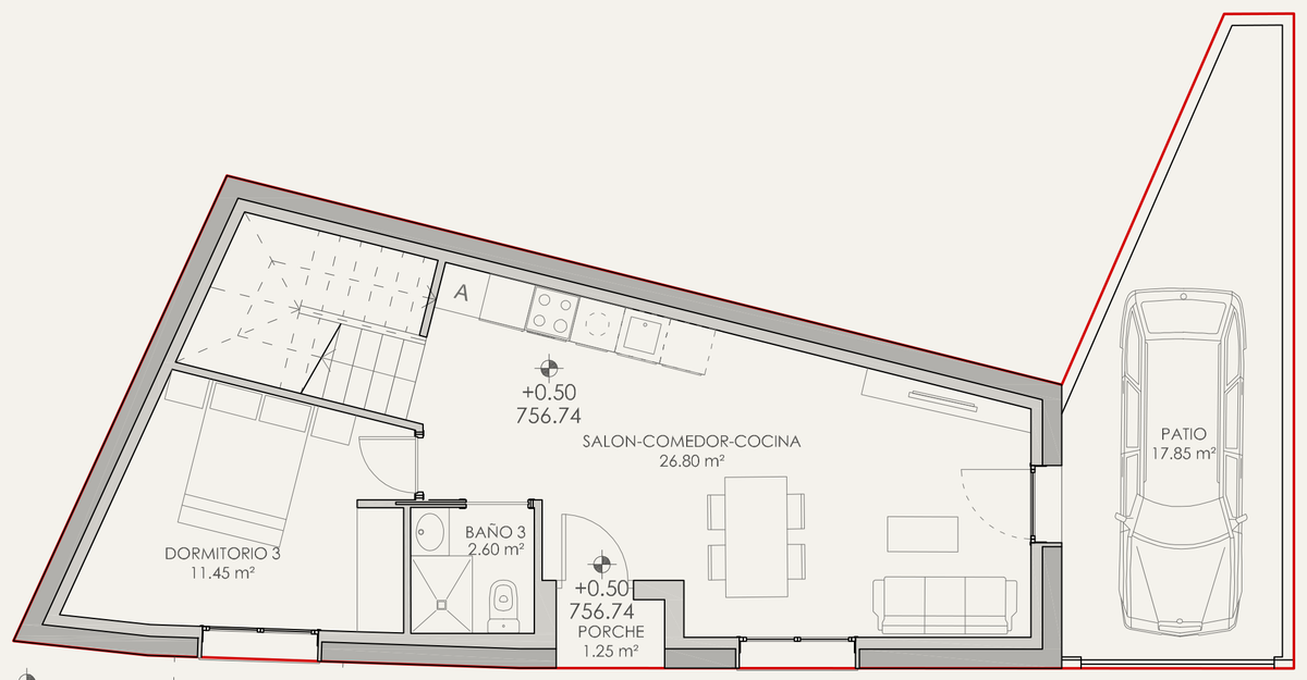 Plano de la planta baja: salón-comedor-cocina, dormitorio, baño, porche y patio. Proyecto Básico.