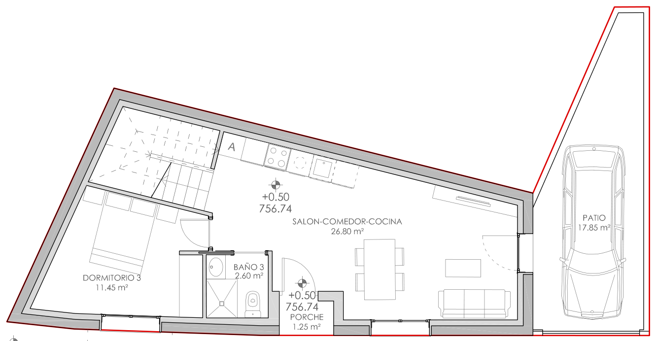 Plano de la planta baja: salón-comedor-cocina, dormitorio, baño, porche y patio